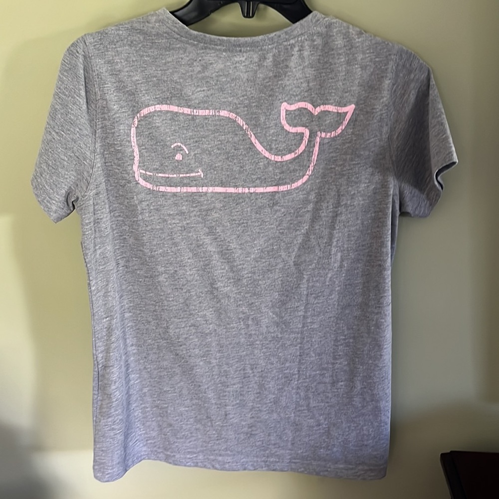 Vineyard Vines Logo T-shirt Gray with Pink Lettering and Whale on Back.  Size S.